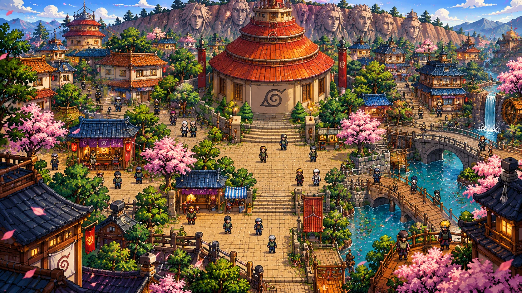 Ilustração provisória de uma vila ninja; espaço reservado para o futuro vídeo de gameplay